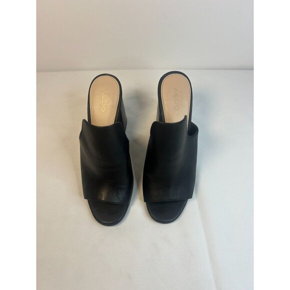 Aldo Legossa Black Leather Open Toe Mule Size 8 Block Heels Boho Western Slip On - Picture 3 of 13
